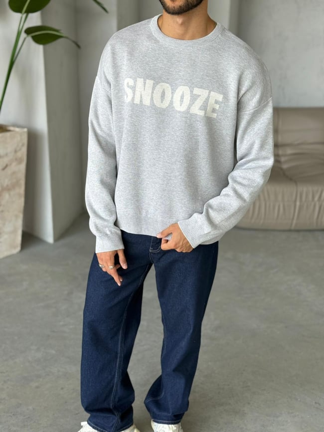 Snoze Yazılı Oversize Triko Sweat Gri