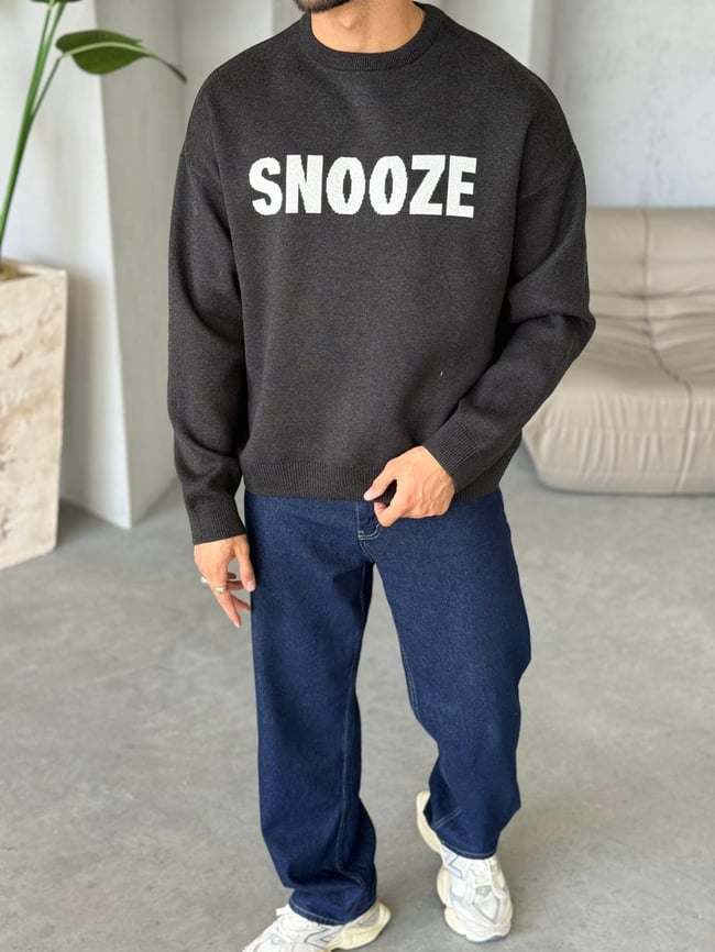 Snoze Yazılı Oversize Triko Sweat Siyah
