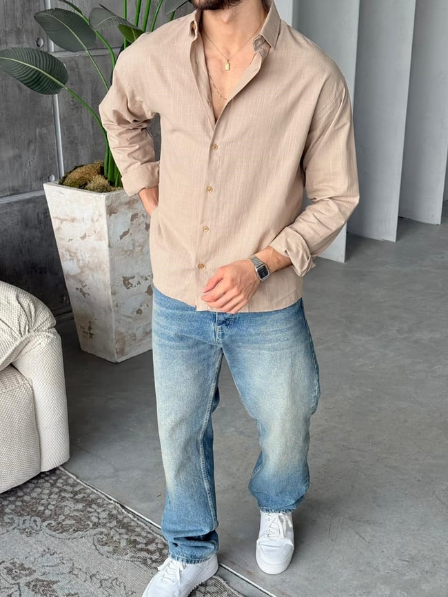 SOFT DOKULU GÖMLEK V-Bej