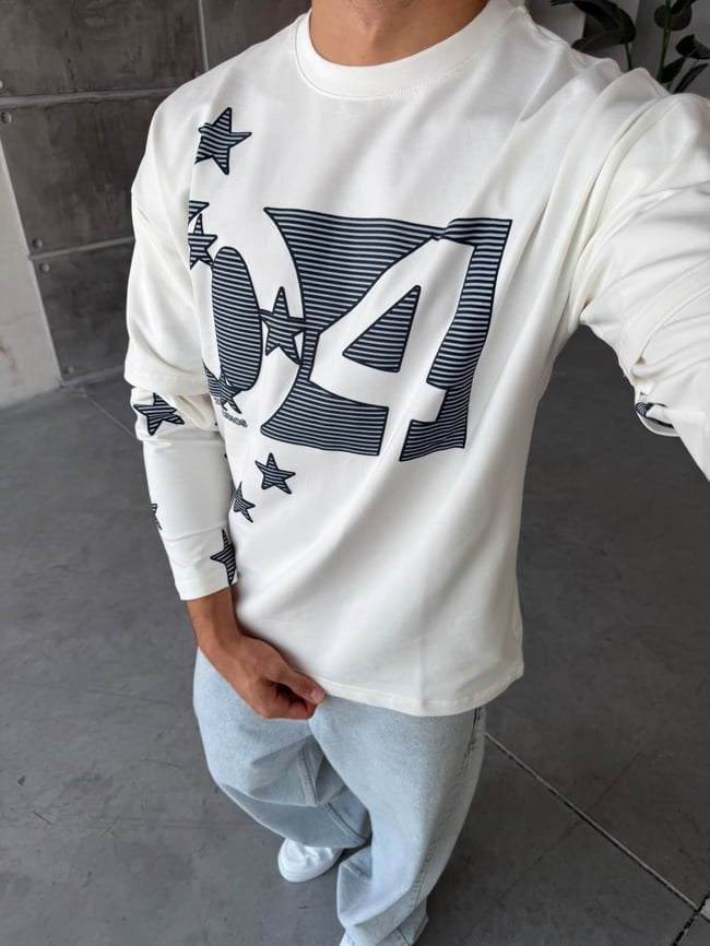 Star Baskılı Yıkamalı Çift Kol Oversize Sweat T Beyaz