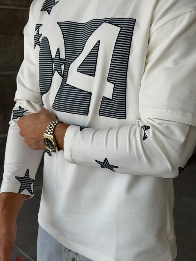 Star Baskılı Yıkamalı Çift Kol Oversize Sweat T Beyaz