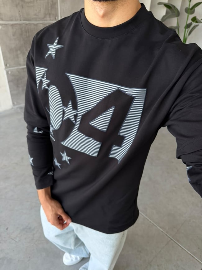 Star Baskılı Yıkamalı Çift Kol Oversize Sweat T Siyah