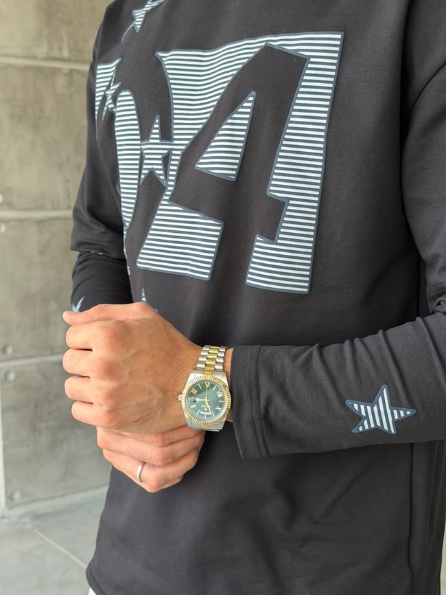 Star Baskılı Yıkamalı Çift Kol Oversize Sweat T Siyah
