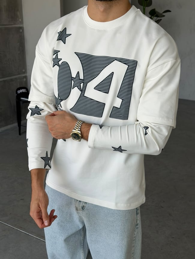 Star Baskılı Yıkamalı Çift Kol Oversize Sweat T Beyaz