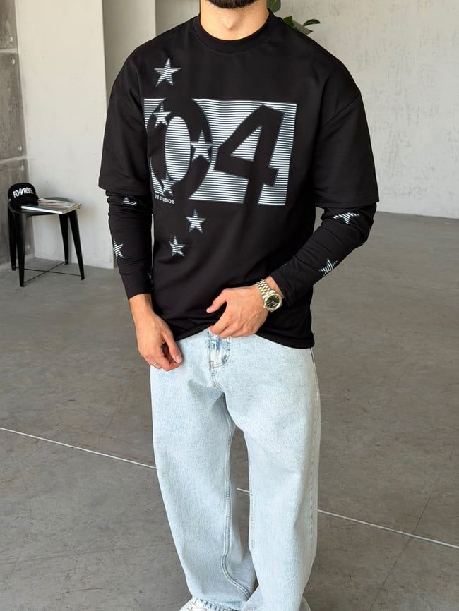 Star Baskılı Yıkamalı Çift Kol Oversize Sweat T Siyah