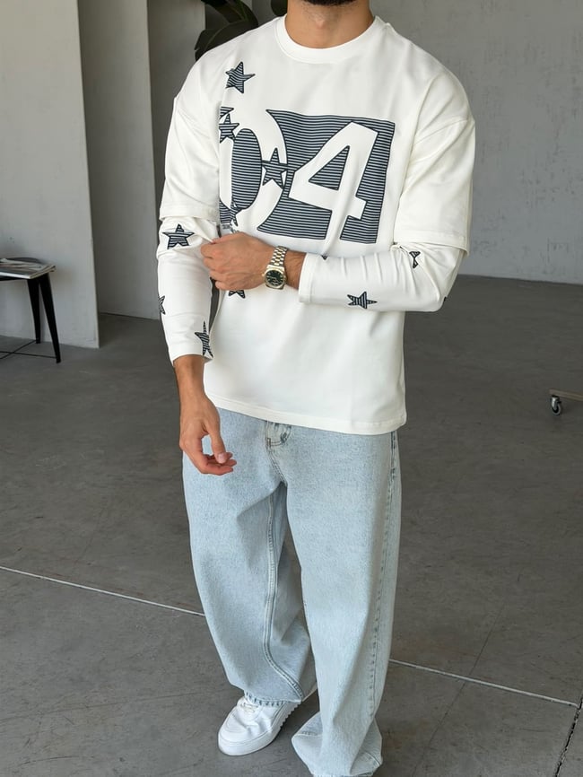 Star Baskılı Yıkamalı Çift Kol Oversize Sweat T Beyaz