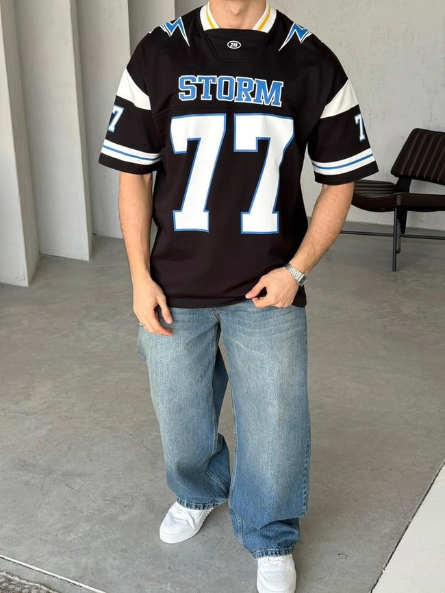 Storm 77 Varsity Jersey Oversize T-Shirt - Siyah