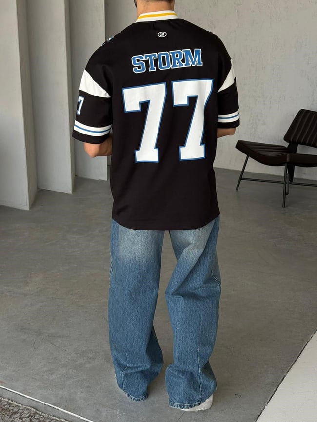 Storm 77 Varsity Jersey Oversize T-Shirt - Siyah