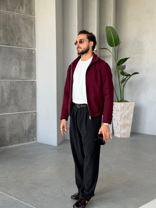 Süet Dokulu Fermuarlı Ceket  S - BORDO