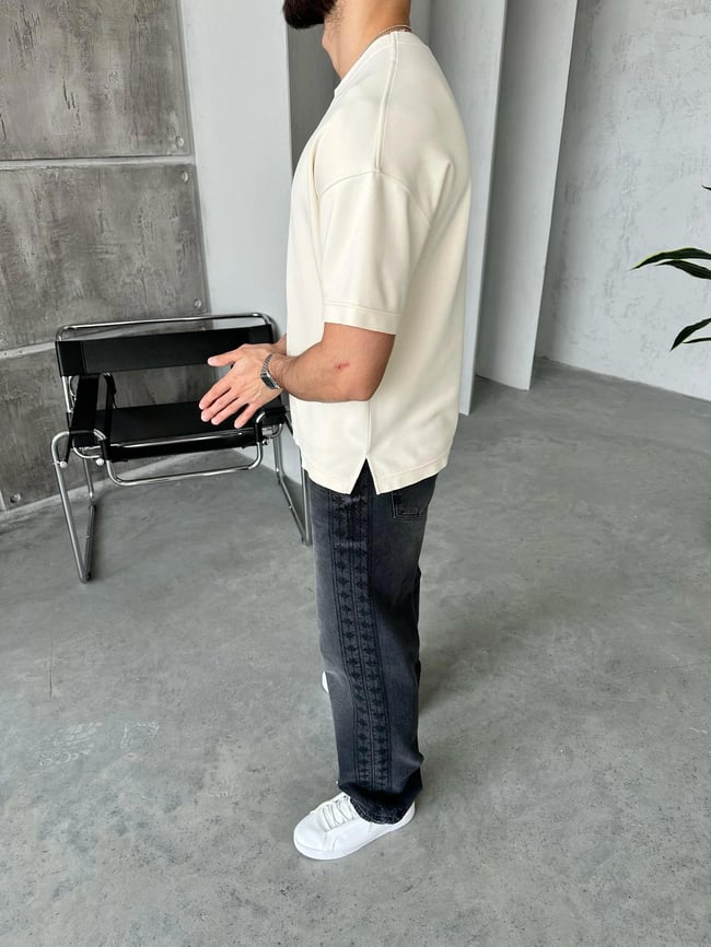 T109 Modal Kumaş Oversize T-shirt Krem