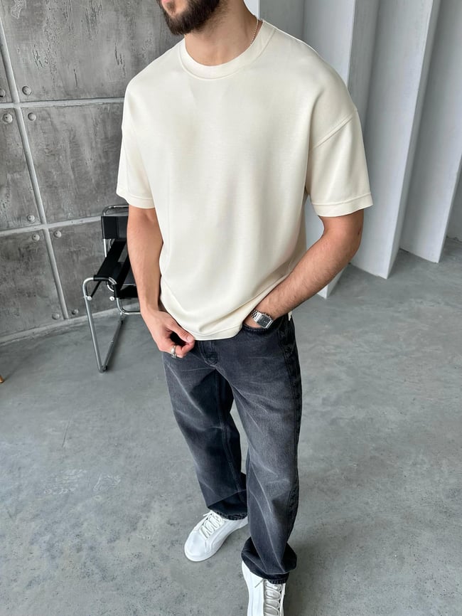 T109 Modal Kumaş Oversize T-shirt Krem