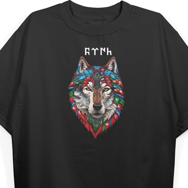 T1453 Wolf Baskılı Oversize Siyah Tshirt