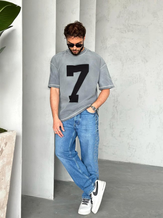 T2008 7 Baskılı Yıkamalı Oversize T-shirt Antrasit