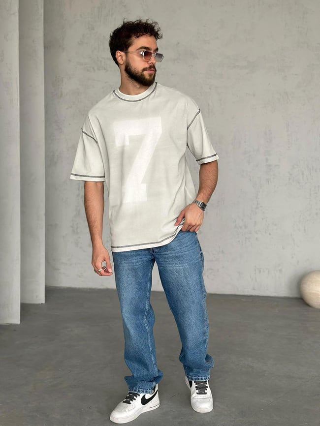 T2009 7 Baskılı Yıkamalı Oversize T-shirt Gri