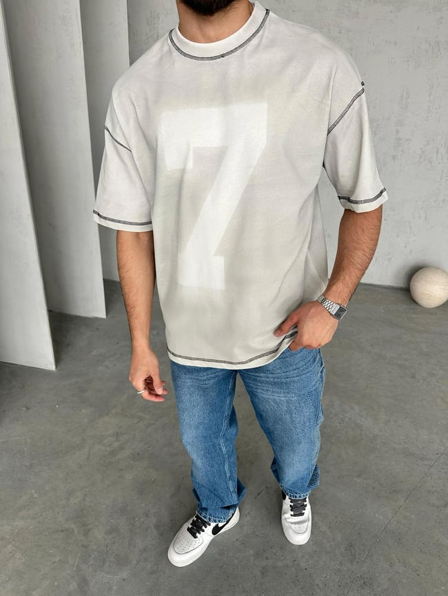 T2009 7 Baskılı Yıkamalı Oversize T-shirt Gri