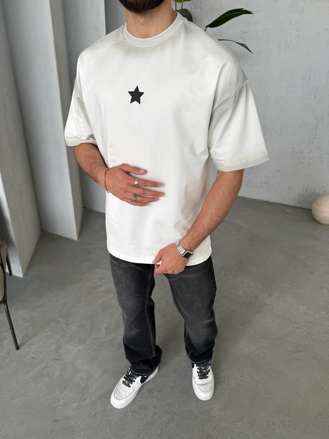 T2011 Yıldız Baskılı Yıkamalı Oversize T-shirt Beyaz