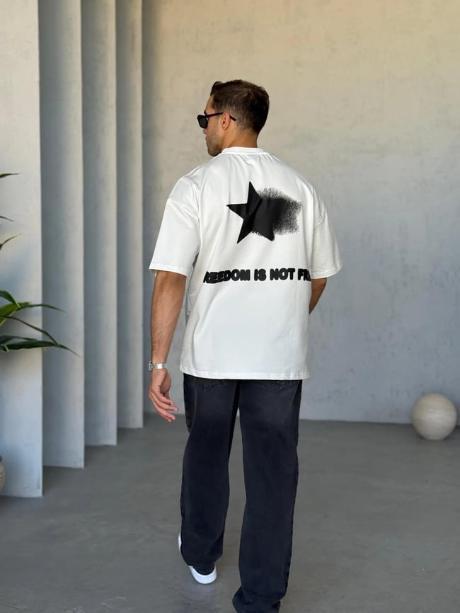 T6010 Yıldız Baskılı Yıkamalı Oversize T-shirt Beyaz