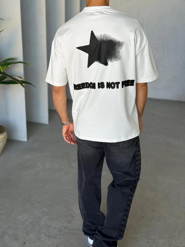 T6010 Yıldız Baskılı Yıkamalı Oversize T-shirt Beyaz