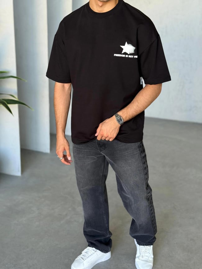 T6011 Yıldız Baskılı Yıkamalı Oversize T-shirt Siyah
