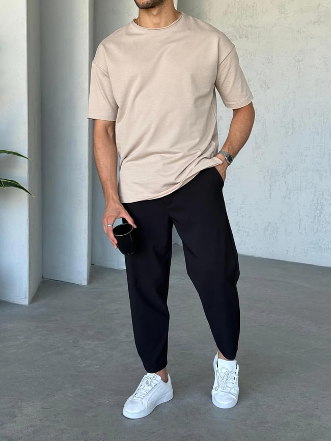 T6662 Yan Yırtmaçlı Oversize T-shirt Bej