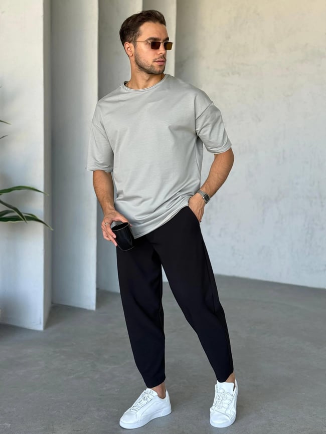 T6663 Yan Yırtmaçlı Oversize T-shirt Gri