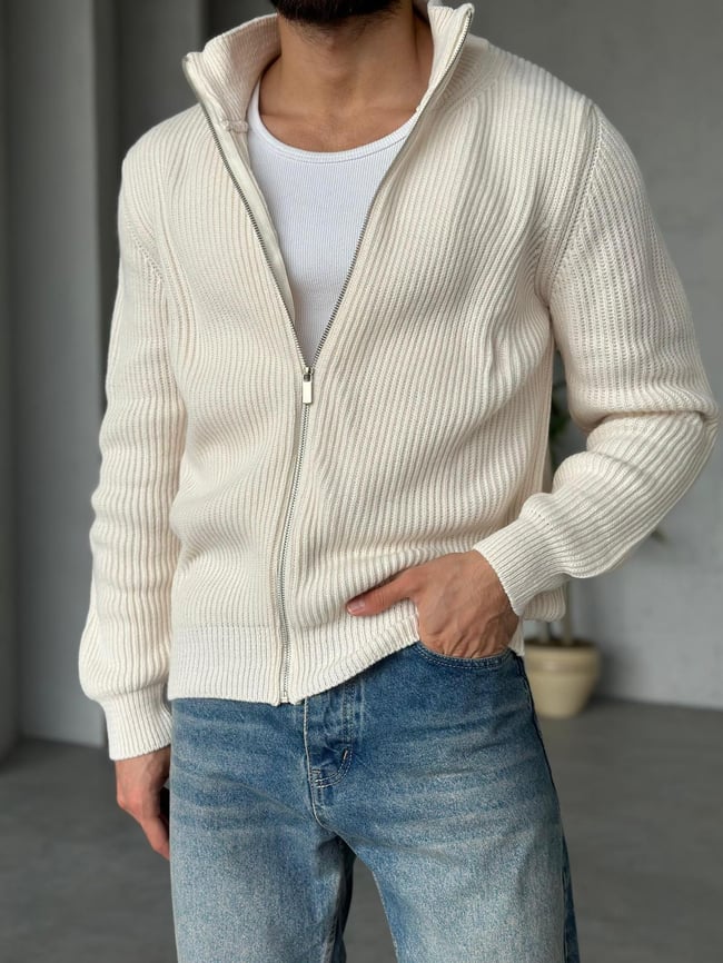 Tam Fermuarlı Örme Hırka - Krem