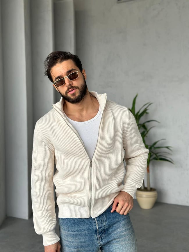 Tam Fermuarlı Örme Hırka - Krem