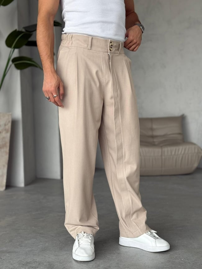 TASARIM DİK ŞERİT PİLELİ KUMAŞ PANTOLON BEJ
