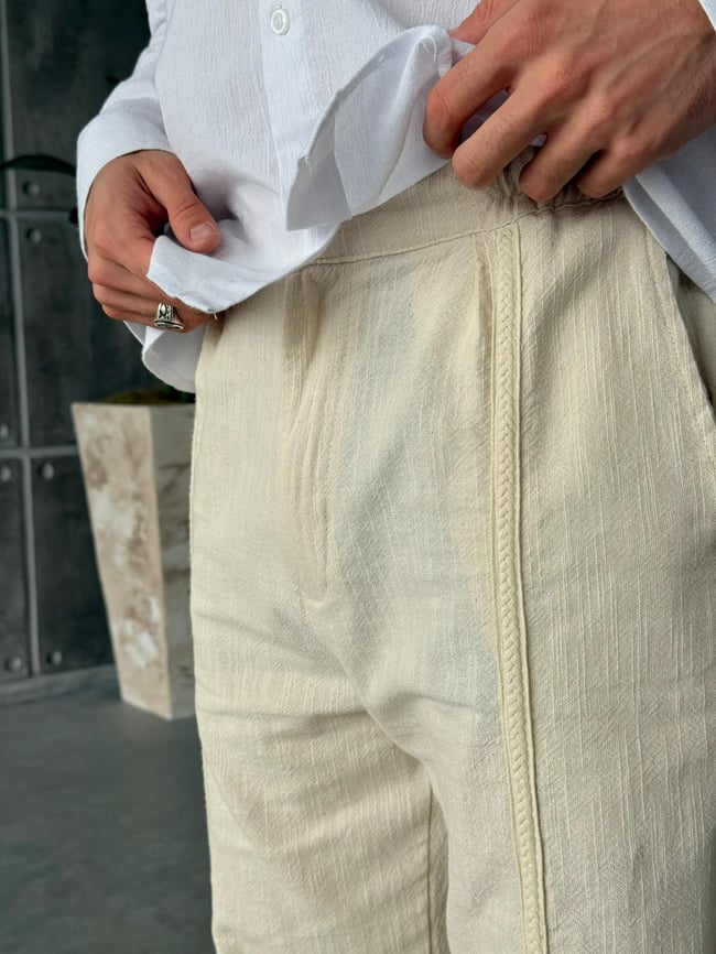 Tasarım Örgü Halat Şeritli Keten Pantolon G - Naturel