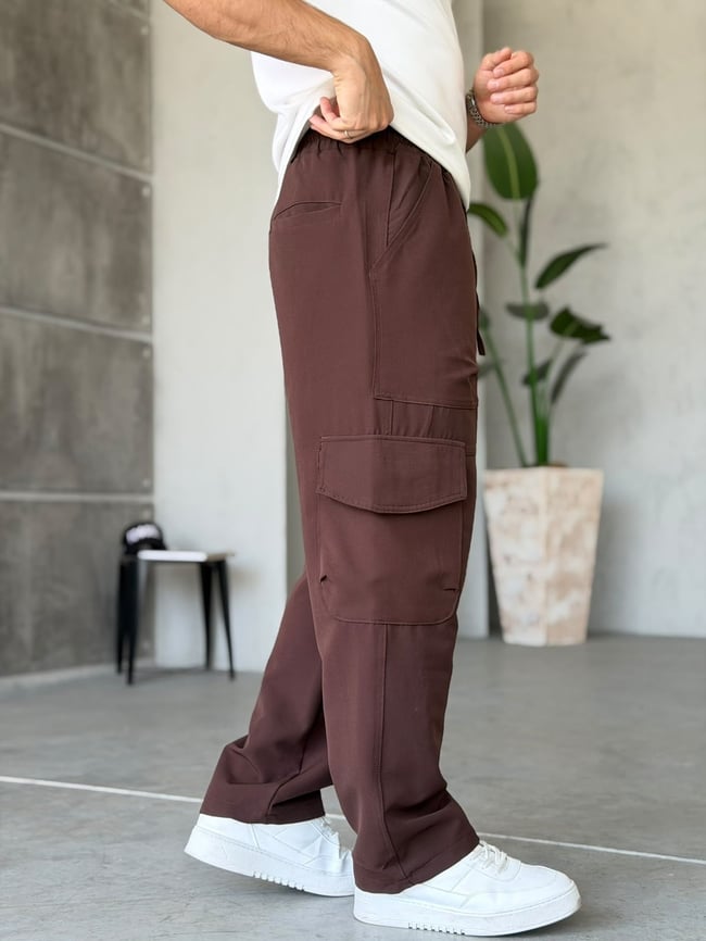 Tech Kumaş Kargo Cep Baggy Pantolon T Kahverengi