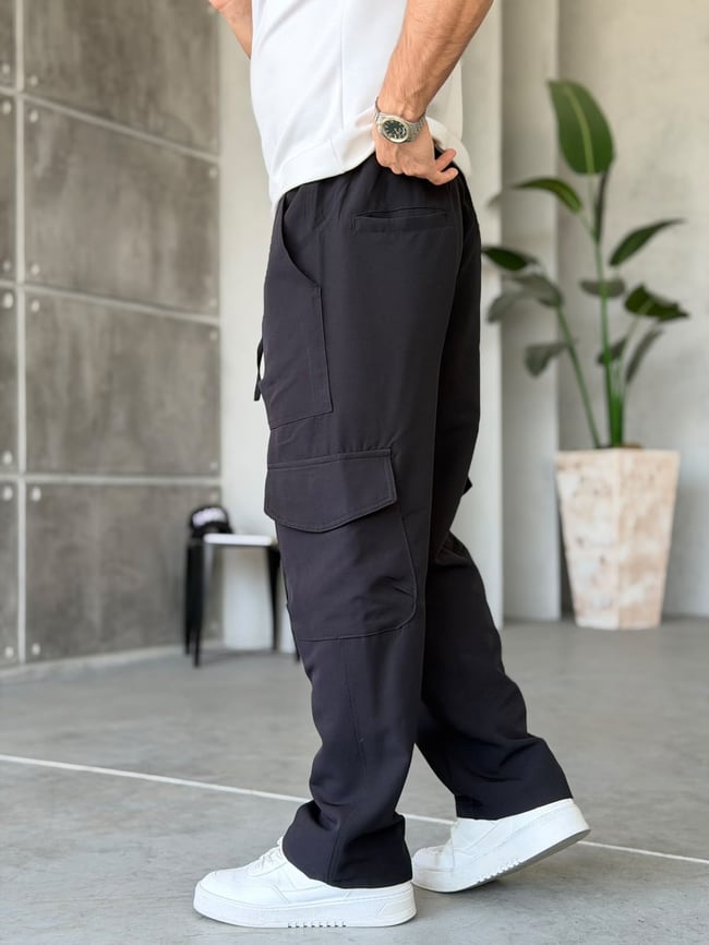 Tech Kumaş Kargo Cep Baggy Pantolon T Siyah