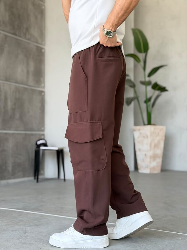 Tech Kumaş Kargo Cep Baggy Pantolon T Kahverengi