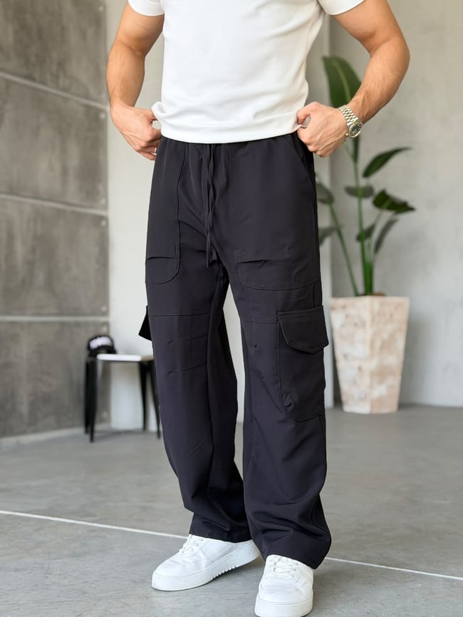 Tech Kumaş Kargo Cep Baggy Pantolon T Siyah