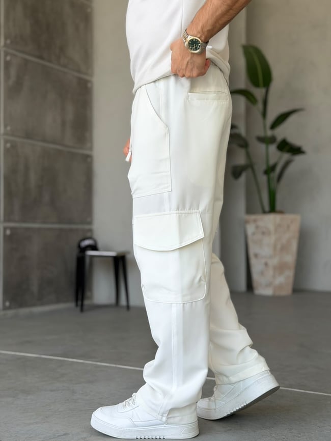 Tech Kumaş Kargo Cep Baggy Pantolon T Beyaz