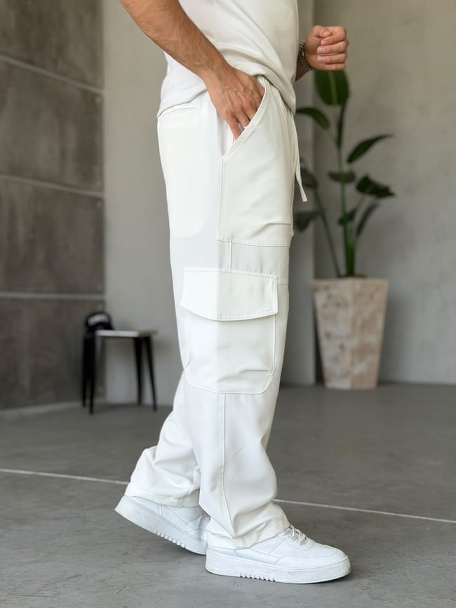 Tech Kumaş Kargo Cep Baggy Pantolon T Beyaz