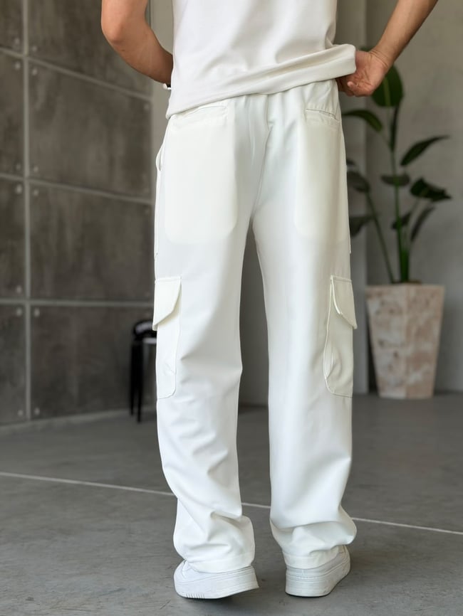 Tech Kumaş Kargo Cep Baggy Pantolon T Beyaz