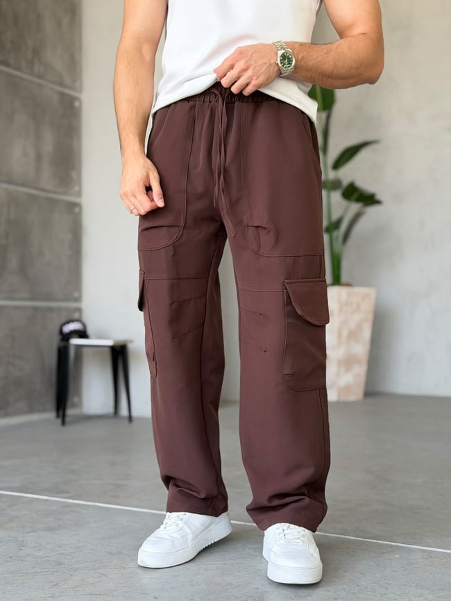 Tech Kumaş Kargo Cep Baggy Pantolon T Kahverengi
