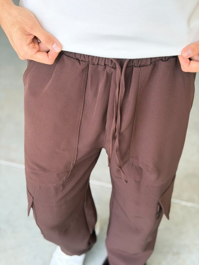Tech Kumaş Kargo Cep Baggy Pantolon T Kahverengi