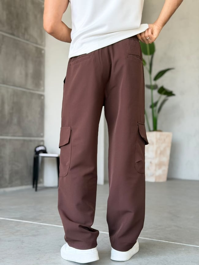 Tech Kumaş Kargo Cep Baggy Pantolon T Kahverengi