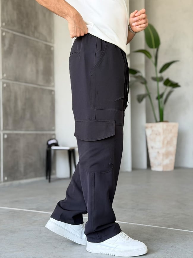 Tech Kumaş Kargo Cep Baggy Pantolon T Siyah
