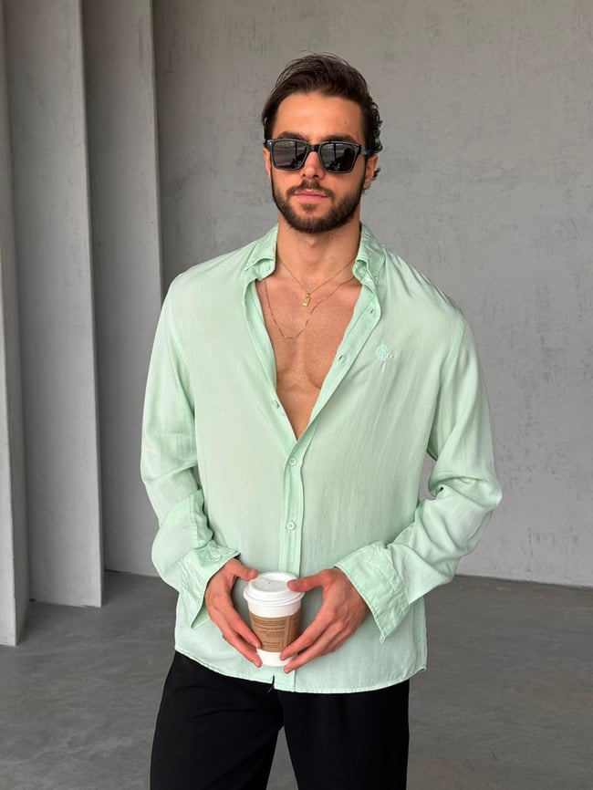 Tensel Kumaş Nakış Detaylı Oversize Gömlek G - Mint