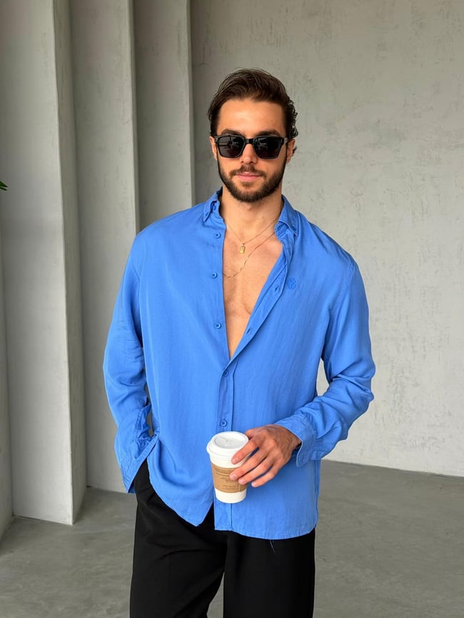Tensel Kumaş Nakış Detaylı Oversize Gömlek G - Mavi