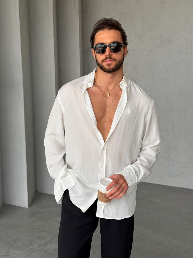 Tensel Kumaş Nakış Detaylı Oversize Gömlek G - Beyaz