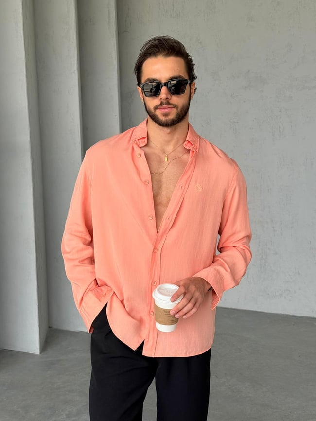 Tensel Kumaş Nakış Detaylı Oversize Gömlek G - Somon