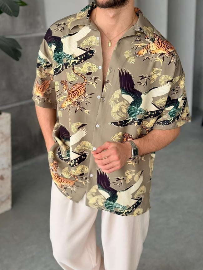 TİGER Desenli Dubble Hürrem Kumaş Oversize Gömlek T