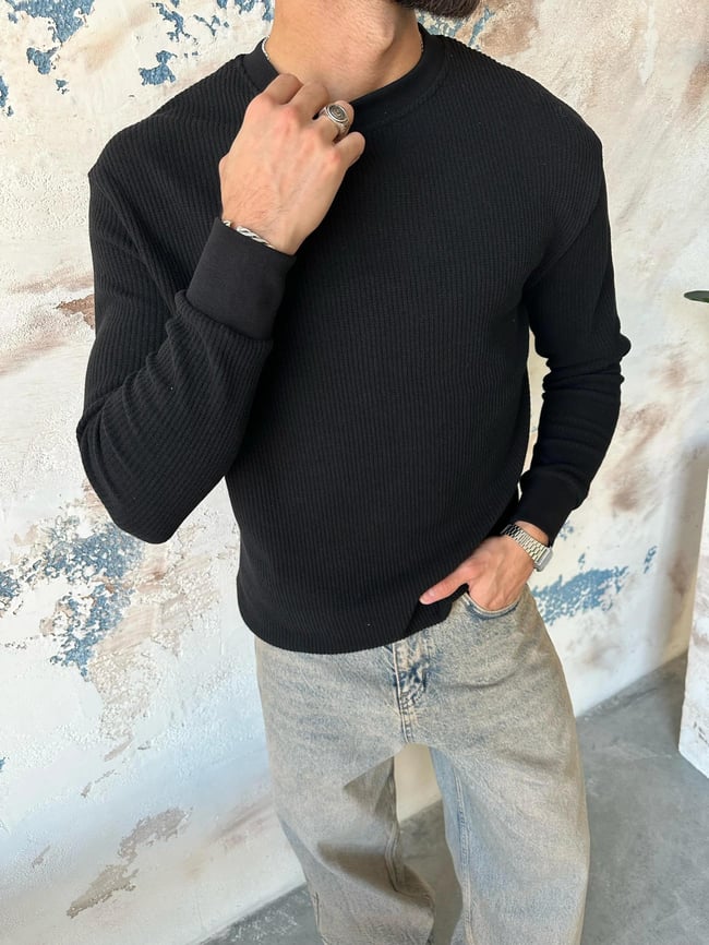 TR1016 DÜZ ÇİZGİLİ TRİKO KAZAK SİYAH