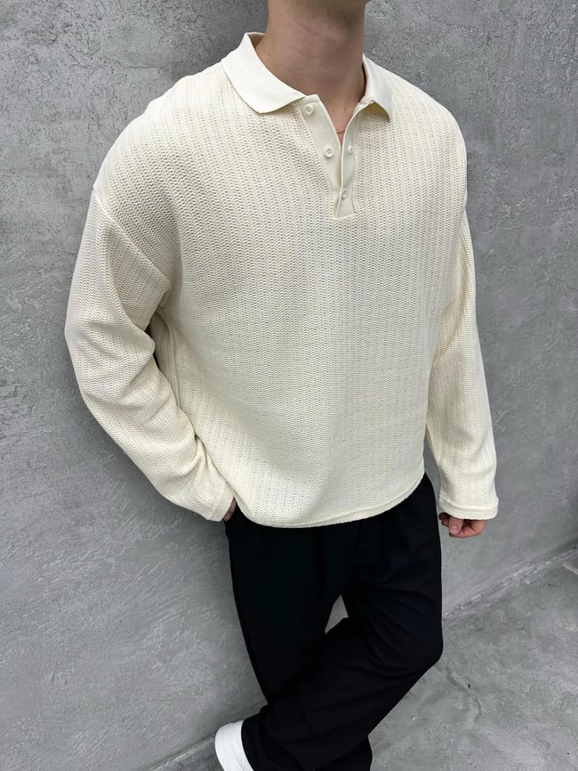 TR1025 POLO YAKA ÖRME TRİKO KREM