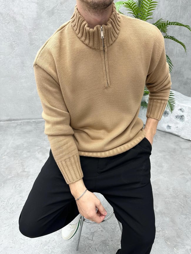 TR1056 YARIM FERMUARLI ÖRME TRİKO CAPPUCHINO