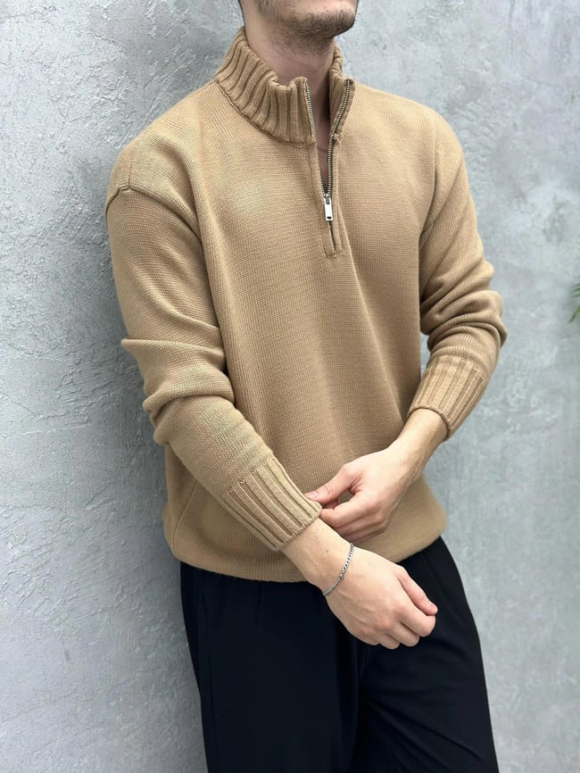 TR1056 YARIM FERMUARLI ÖRME TRİKO CAPPUCHINO
