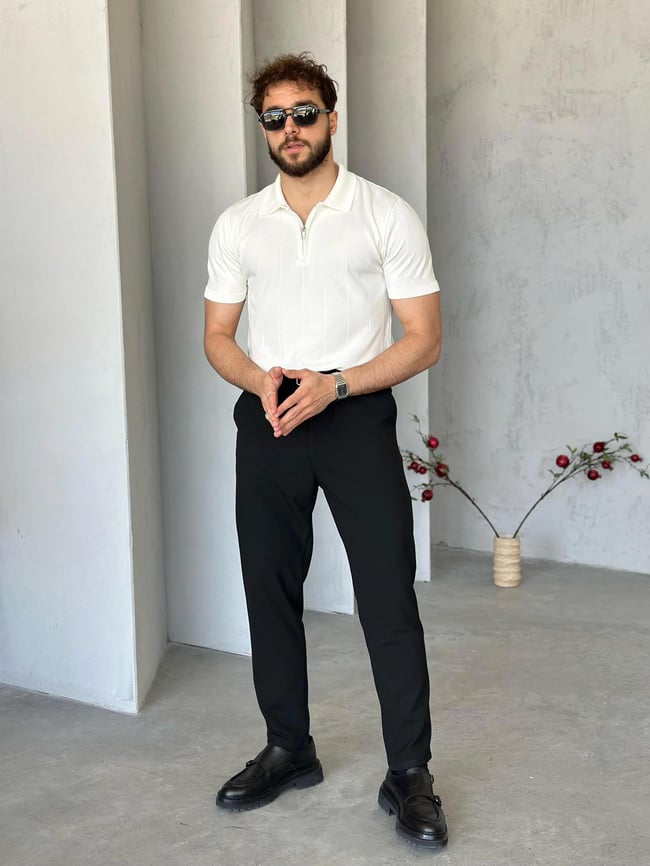 TR1301 Çizgili polo yaka triko Beyaz